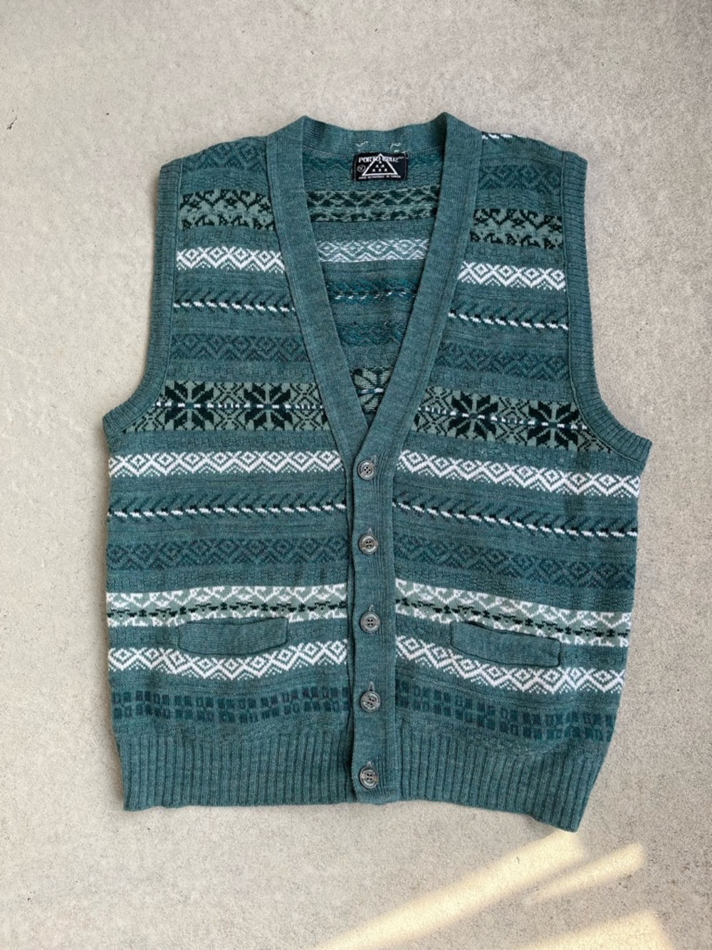 Green Patterned V-Neck Button Sweater Vest
